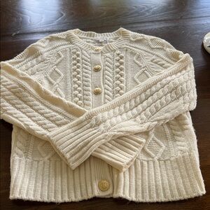 J. Crew Ivory Cable Knit Cardigan Sweater Gold Button
